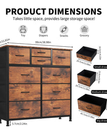 10-Drawer Dresser With Side Pocket & Hooks, Storage Cabinet With Wood Top For Bedroom Closet Organization