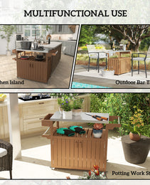Outdoor Bar Cart with Storage, Stainless Steel Outdoor Bar Table Top, Wheeled HDPE Kitchen Island for Food Prep, Brown