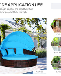 4-Piece Round Convertible Daybed with Cushions, Outdoor PE Rattan Patio Wicker Sofa Set, Sunbed with Adjustable Sun Canopy, Sectional Sofa, 2 Chairs, Table, 3 Pillows, Blue
