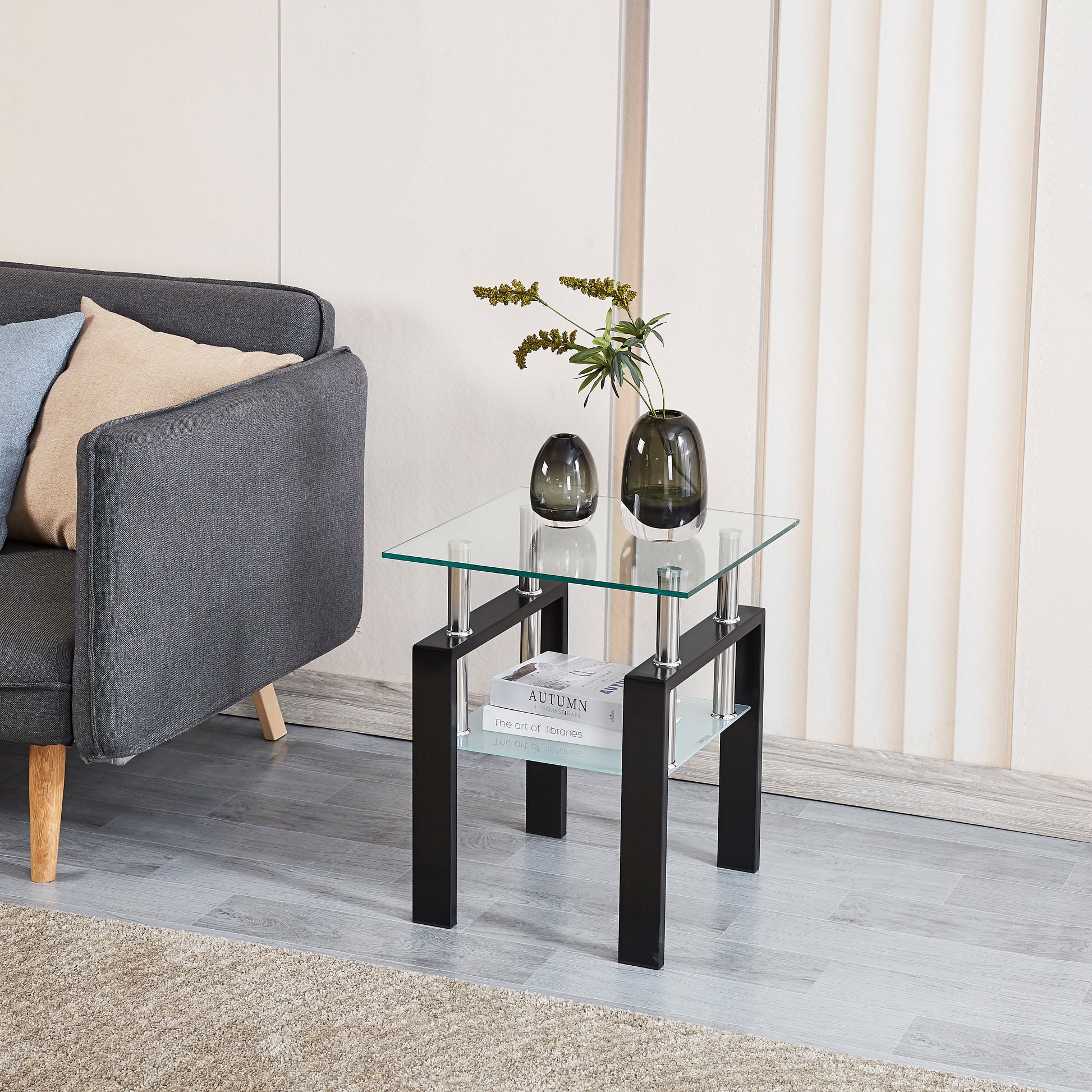 Tempered Transparent Glass End Table, 2-Layers Small Table With Storage, Living Room Side Table