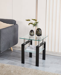 Tempered Transparent Glass End Table, 2-Layers Small Table With Storage, Living Room Side Table