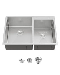 33" x 19" Double Bowl Stainless Steel Kitchen Sink – Handmade Dark Gray Overmount Workstation (10" Deep)