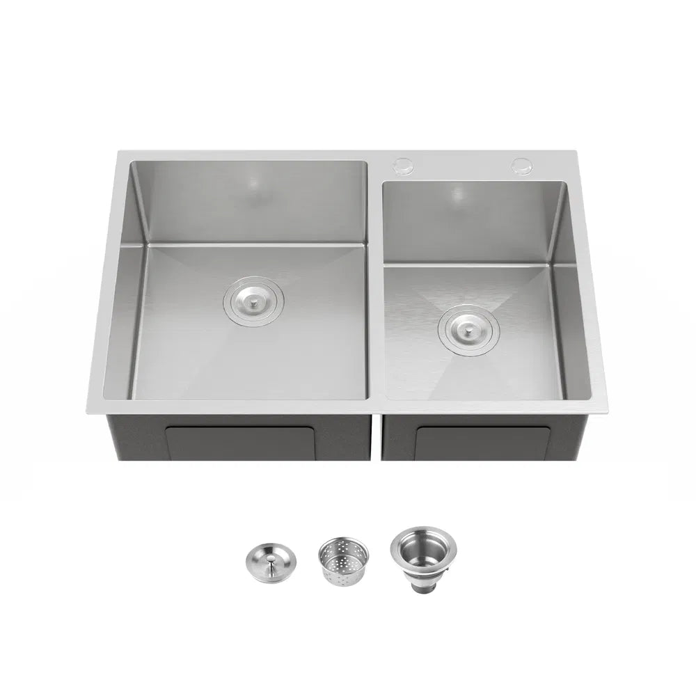 33" x 19" Double Bowl Stainless Steel Kitchen Sink – Handmade Dark Gray Overmount Workstation (10" Deep)