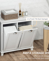 Dual Tilt out Laundry Hamper Cabinet, Bathroom Storage Cabinet with 2-Compartment Hamper, Modern Bathroom Floor Cabinet for Washroom, White