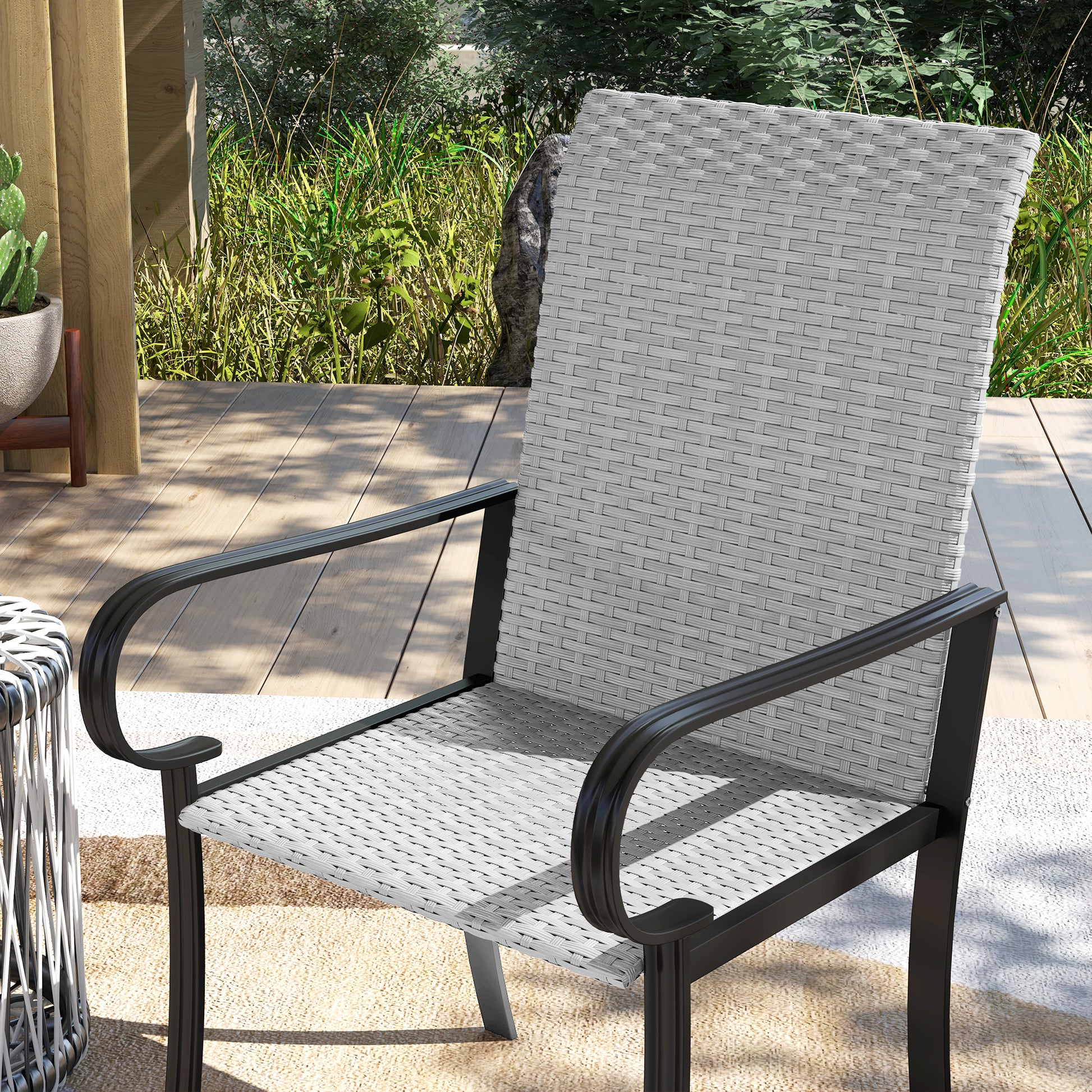 Set of 4 Outdoor Wicker Dining Chairs with Armrest, Steel Frame, High Back and Deep Seating, Gray