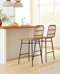 Rattan Counter Bar Stools Set Of 2, 26" Counter Height Barstools With Back, Bar Chairs For Kitchen Island, Brown