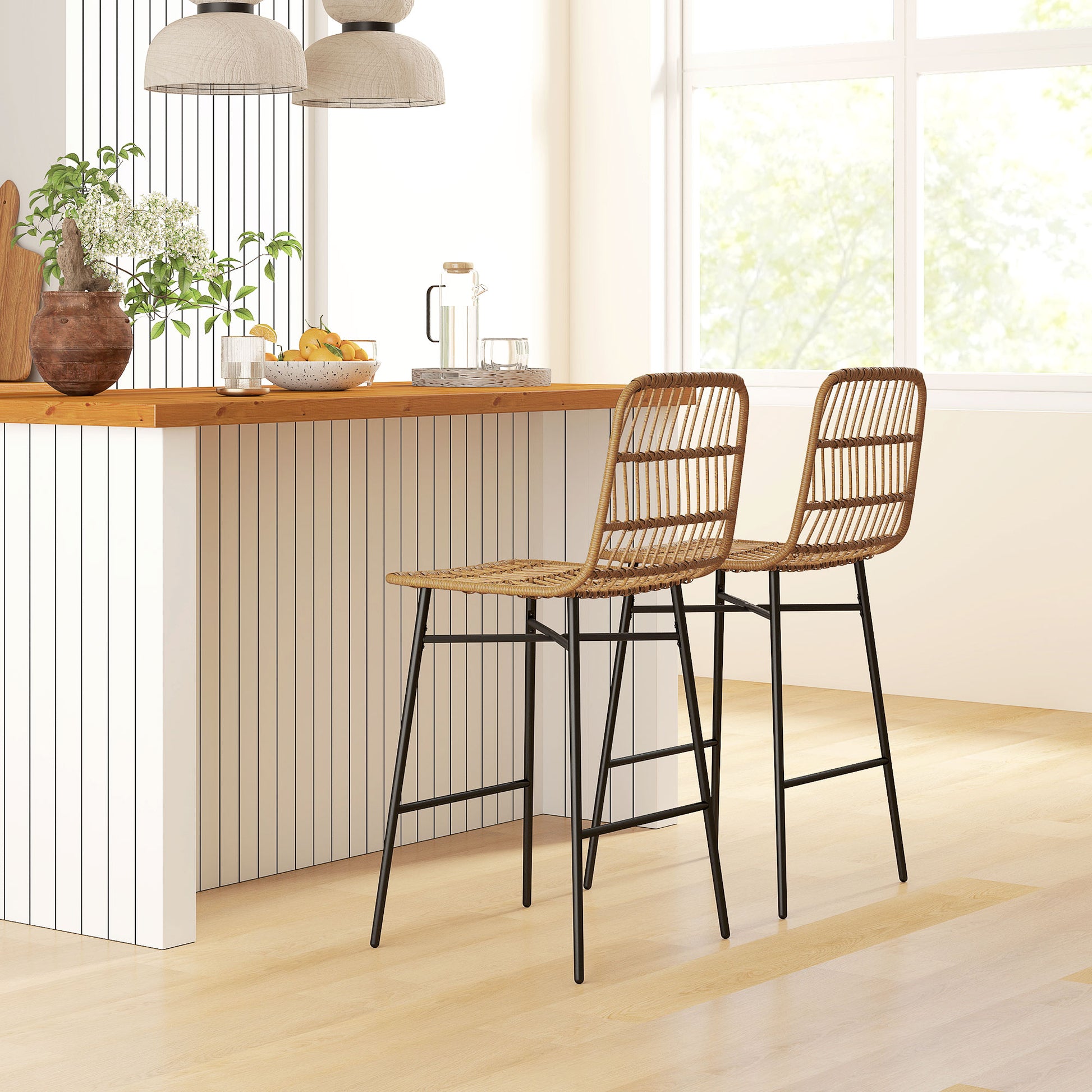 Rattan Counter Bar Stools Set Of 2, 26" Counter Height Barstools With Back, Bar Chairs For Kitchen Island, Brown