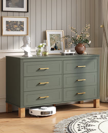 6-Drawer Double Dresser In Olive, Modern Storage Cabinet With Metal Handles & Solid Wood Legs, Dresser Drawer Organizer For Kids Bedroom, Heavy-Duty Wooden Dresser With Pre-Installed