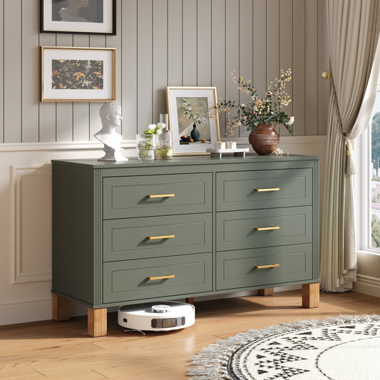 6-Drawer Double Dresser In Olive, Modern Storage Cabinet With Metal Handles & Solid Wood Legs, Dresser Drawer Organizer For Kids Bedroom, Heavy-Duty Wooden Dresser With Pre-Installed
