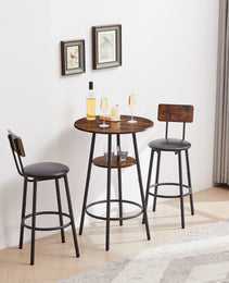 Round Bar Stool Set With Shelf, Upholstered Stool With Backrest, Rustic Brown, 23.62  W X 23.62  D X 35.43  H