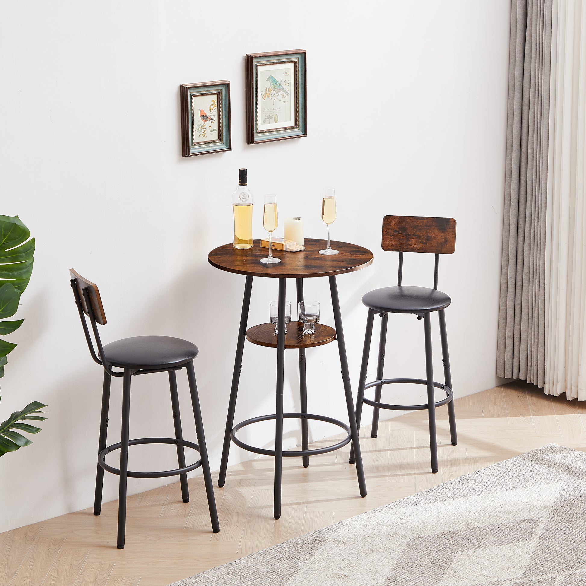 Round Bar Stool Set With Shelf, Upholstered Stool With Backrest, Rustic Brown, 23.62  W X 23.62  D X 35.43  H