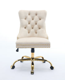 A&A Furniture Office Chair,Modern Velvet Upholstered Tufted Button Home Office Chair With Golden Metal Base,Adjustable Desk Chair Swivel Office Chair Beige