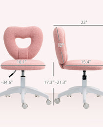 Armless Computer Desk Chair, Office Task Chair, Teddy Fleece Heart Makeup Vanity Chair with Swivel Wheels, Pink
