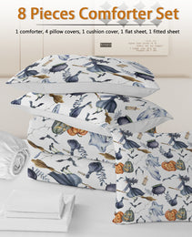 8 Pieces Halloween Comforter Set, Witch Pattern Bed In A Bag Bedding With Comforter Sheet Sham - 1 Comforter, 2 Pillow Shams, 1 Flat Sheet, 1 Fitted Sheet, 1 Cushion Cover, 2 Pillowcases