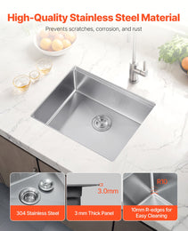 23' Kitchen Sink Undermount Single Bowl Drop-In Basin Stainless Steel Bar