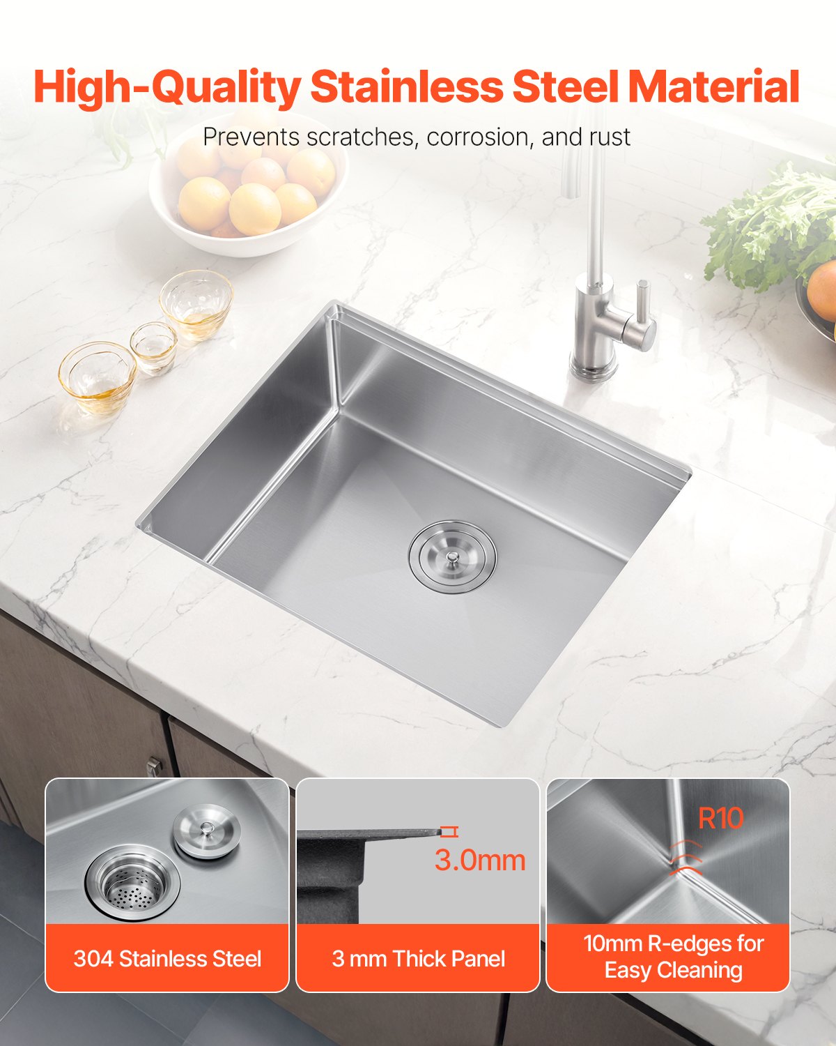 23' Kitchen Sink Undermount Single Bowl Drop-In Basin Stainless Steel Bar
