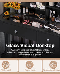 Vanity Desk With Mirror And 3 Lighting Modes, Makeup Vanity With Glass Top And Storage Shelves, Dressing Table With 2 Drawers And Cabinet - CJDS