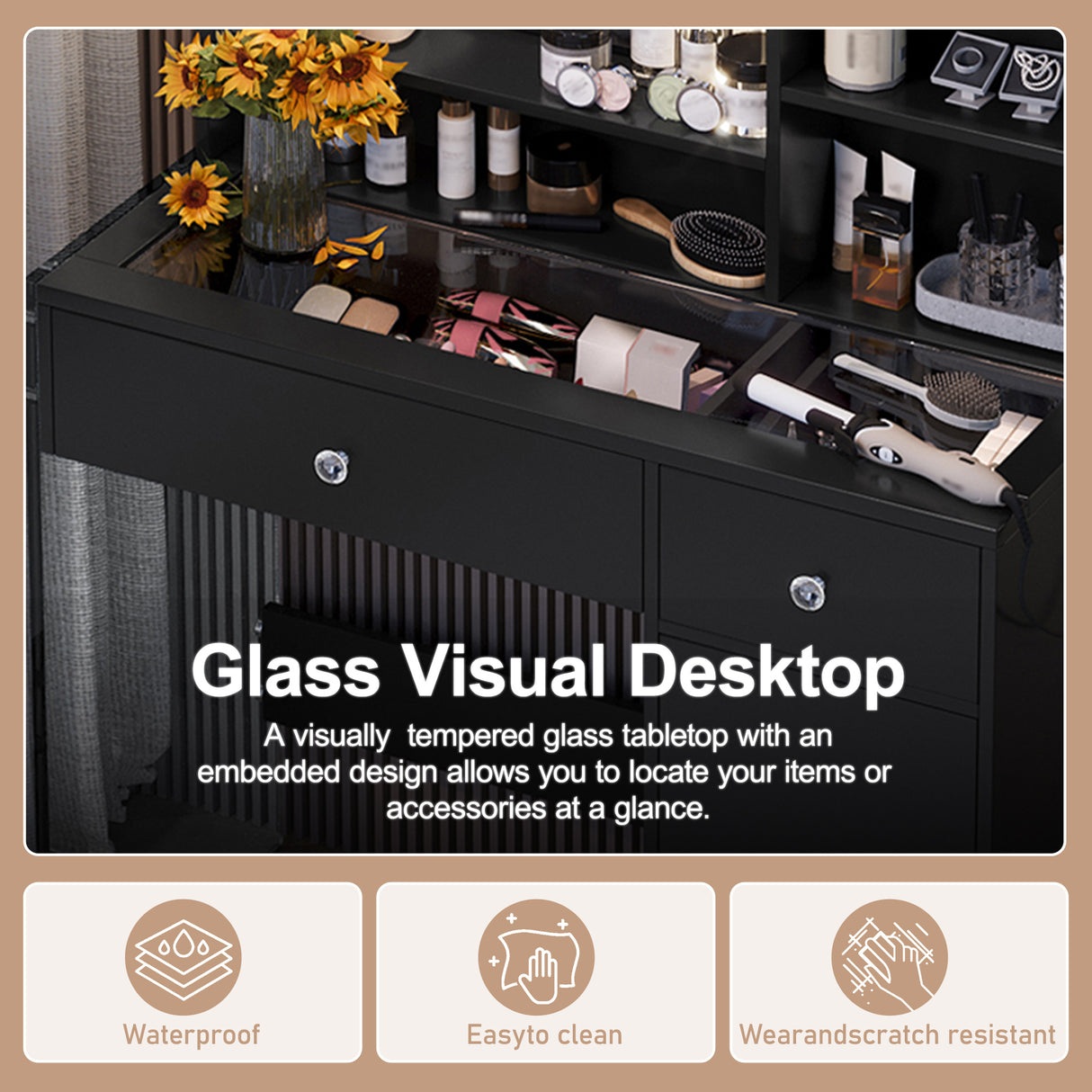 Vanity Desk With Mirror And 3 Lighting Modes, Makeup Vanity With Glass Top And Storage Shelves, Dressing Table With 2 Drawers And Cabinet - CJDS