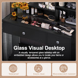 Vanity Desk With Mirror And 3 Lighting Modes, Makeup Vanity With Glass Top And Storage Shelves, Dressing Table With 2 Drawers And Cabinet - CJDS