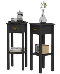 2-Tier Side Tables Set of 2 with Drawer and Shelf, 2 Pieces End Tables for Living Room and Hallway, Black