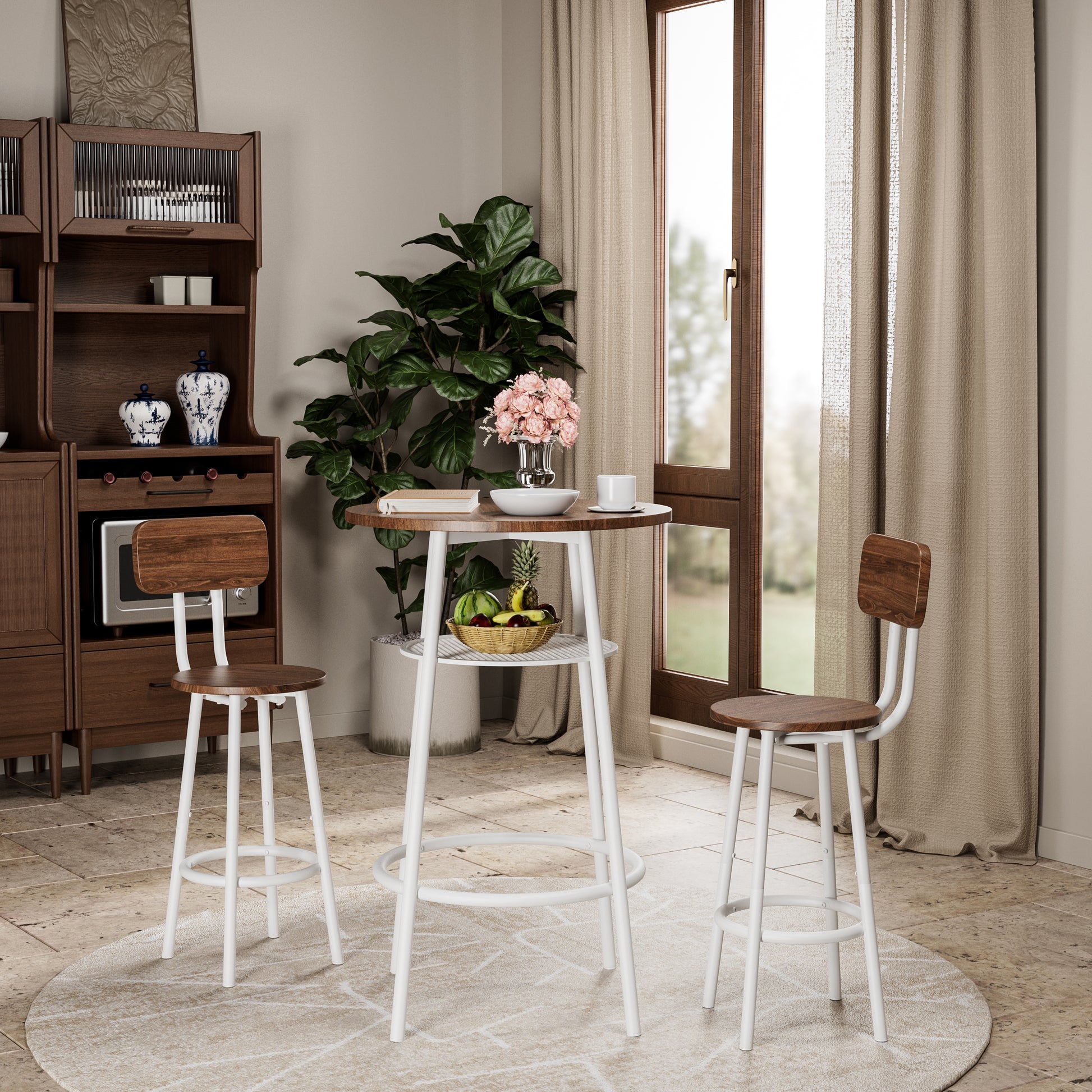 3-Piece Bar Table Set With 2 Bar Stools  Modern Pub Table With Backrests & Storage Shelf