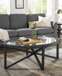Modern Simple Glass Coffee Table, Tempered Glass Coffee Table Solid Wood Base Round Transparent Glass Top Modern Living Room Terrace Study Coffee Table