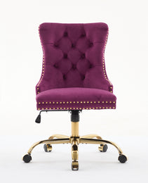 A&A Furniture Office Chair,Modern Velvet Upholstered Tufted Button Home Office Chair With Golden Metal Base,Adjustable Desk Chair Swivel Office Chair Purple