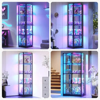 Corner Display Cabinet for Living Room, Tempered Glass Doors LED Lights, White Finish, Space-Saving Design