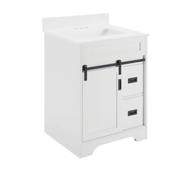 24 Bathroom Vanity With Single Sink Combo, Farmhouse Undermount Bathroom Sink Cabinet With Sliding Barn Doors And 2 Drawers, Freestanding Bathroom Vanities,White