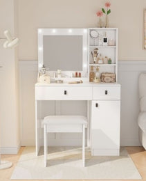 Vanity Desk With Lights, Vanity Set With Mirror, Makeup Vanity Desk With Large Drawers  Three Level Storage Dreeser, VanitysVanities With 3 Lights Brightness Adjustable For Bedroom, White