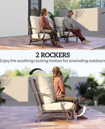5 Piece Backyard Patio Furniture Set, Outdoor Furniture Set With 2 Rocking Chairs, 3-Seat Sofa, And 2 Ottomans, Beige