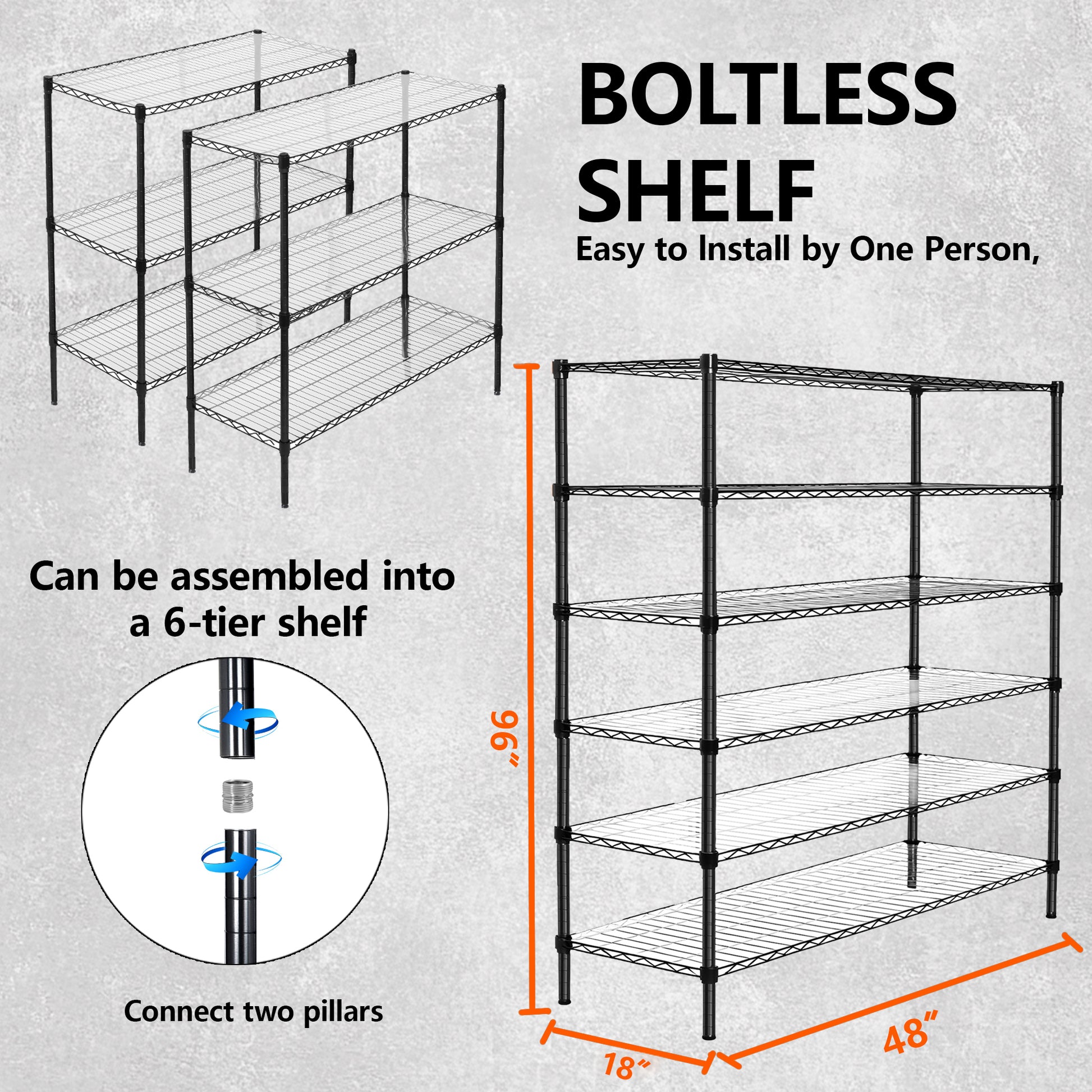 3 Tier Metal Shelf Wire Shelving Unit -  Set Of 2  1050lbs Capacity Heavy Duty Adjustable Storage Rack With Shelf Liners  Extensible To 6 Tier 2100lbs Shelving Designs   48  L X 18  D X 96  H  Black