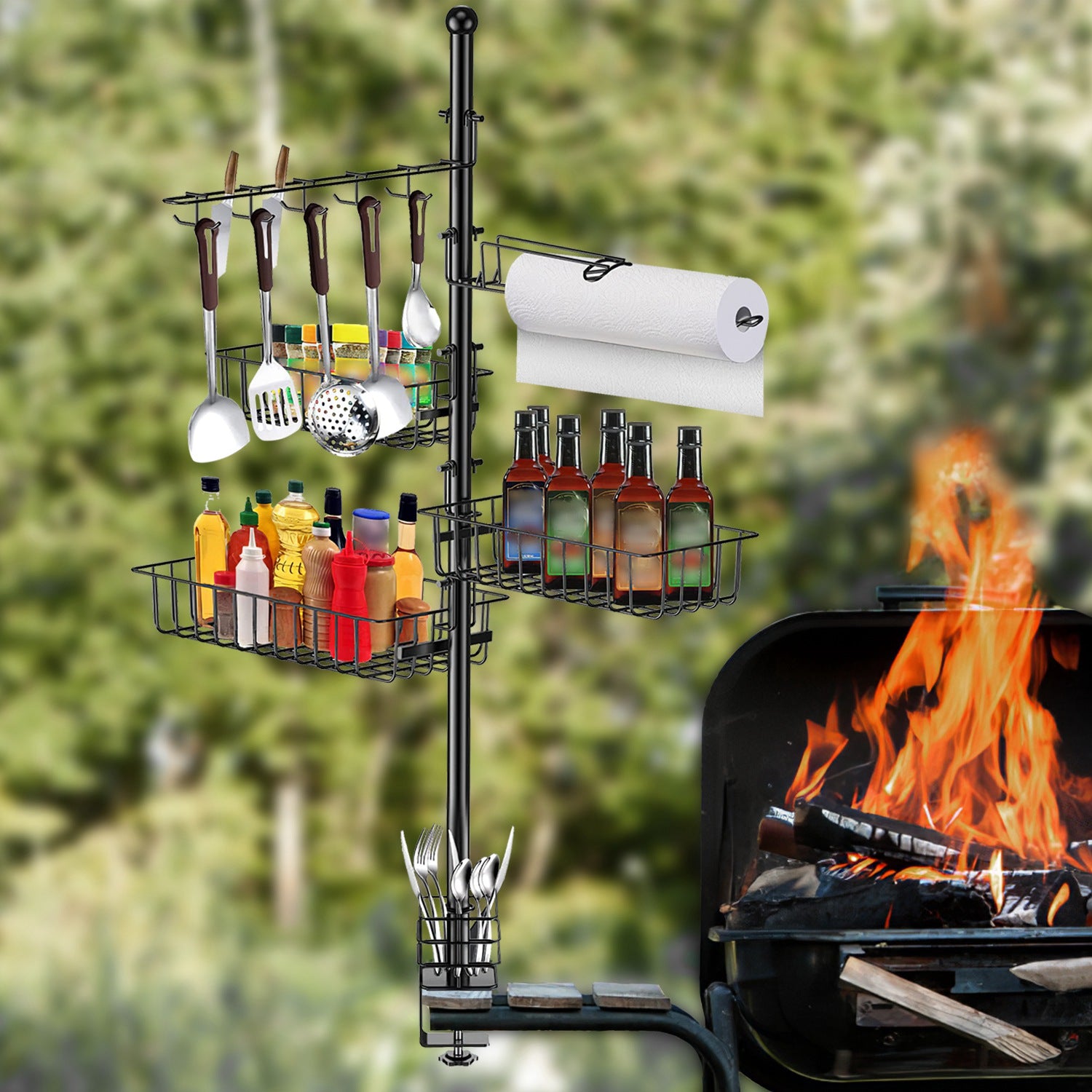 1Pc Griddle Caddy With Paper Towel Holder Hook Baskets BBQ Accessories Storage Rack Vertical Standing BBQ Organizer Grill Utensil Storage Fit For Blackstone Griddle