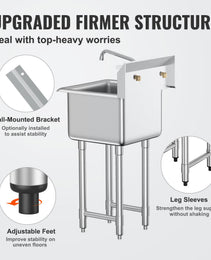 Stainless Steel Prep & Utility Sink – Commercial Single Bowl Free-Standing Station with Faucet & Adjustable Legs