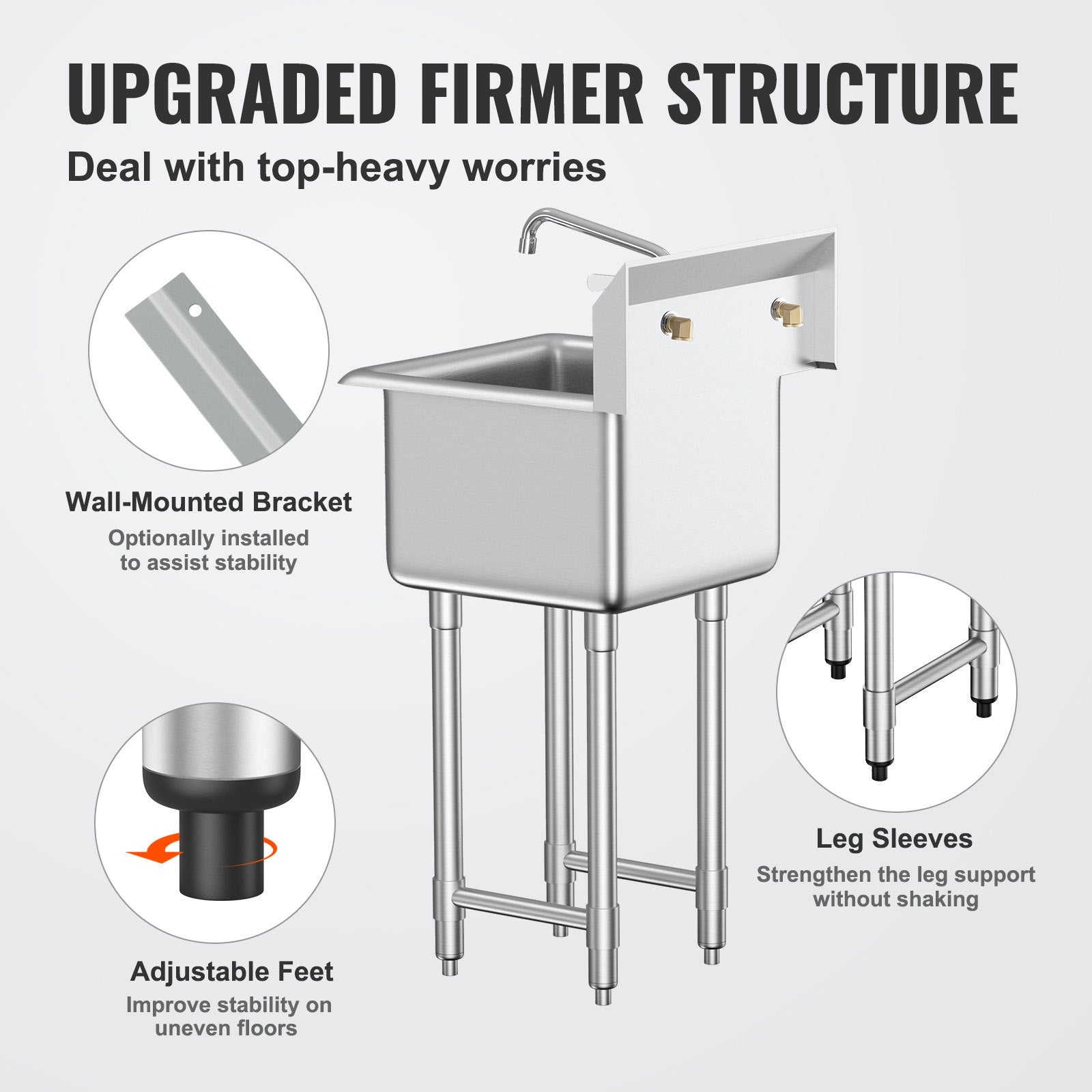 Stainless Steel Prep & Utility Sink – Commercial Single Bowl Free-Standing Station with Faucet & Adjustable Legs