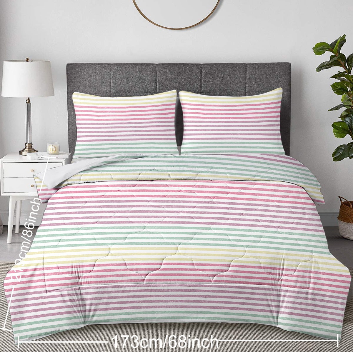 Striped Comforter Set Full Size, Rainbow Comforter Bedding Set Pink Yellow Green Purple 3 Piece, 1 Comforter And 2 Pillow Shams