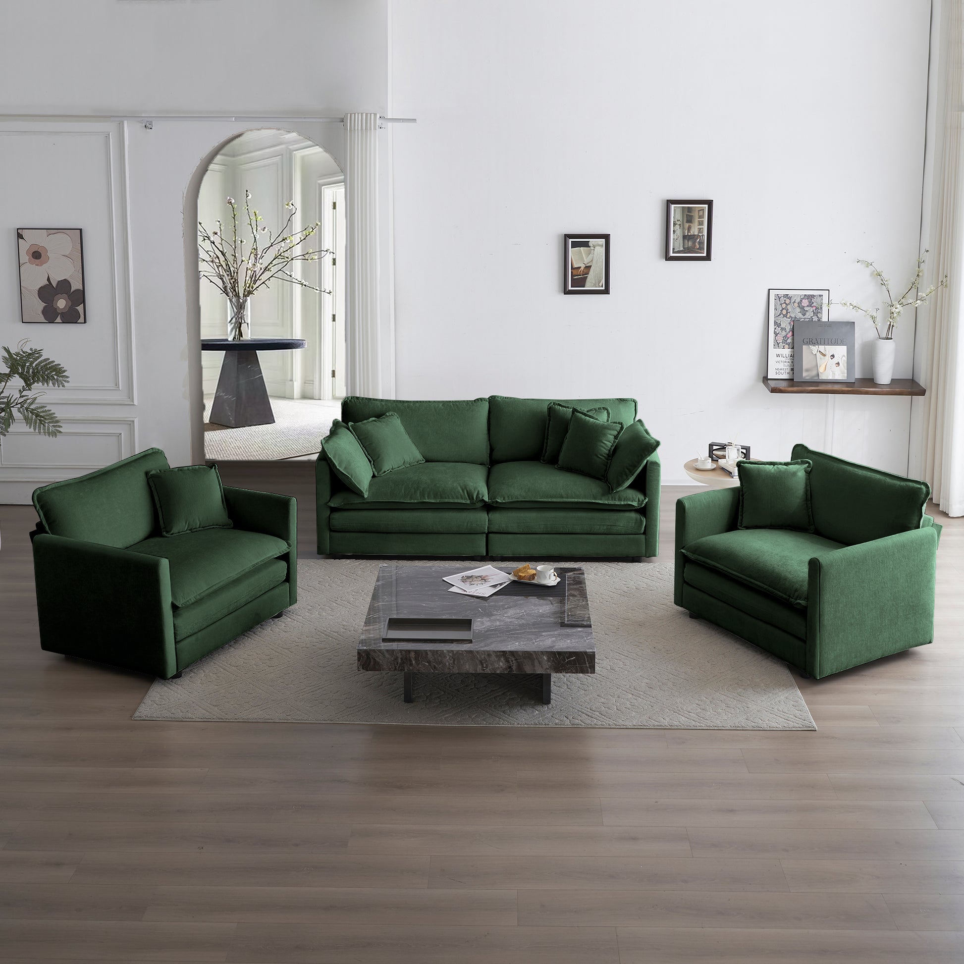 3 Piece Sofa Set With Arm Pillows And Toss Pillows , Sofa Set Include 2- Piece Of Arm Chair And One 2-seat Sofa, Space Saving Casual Sofa Set For Living Room, Green Chenille