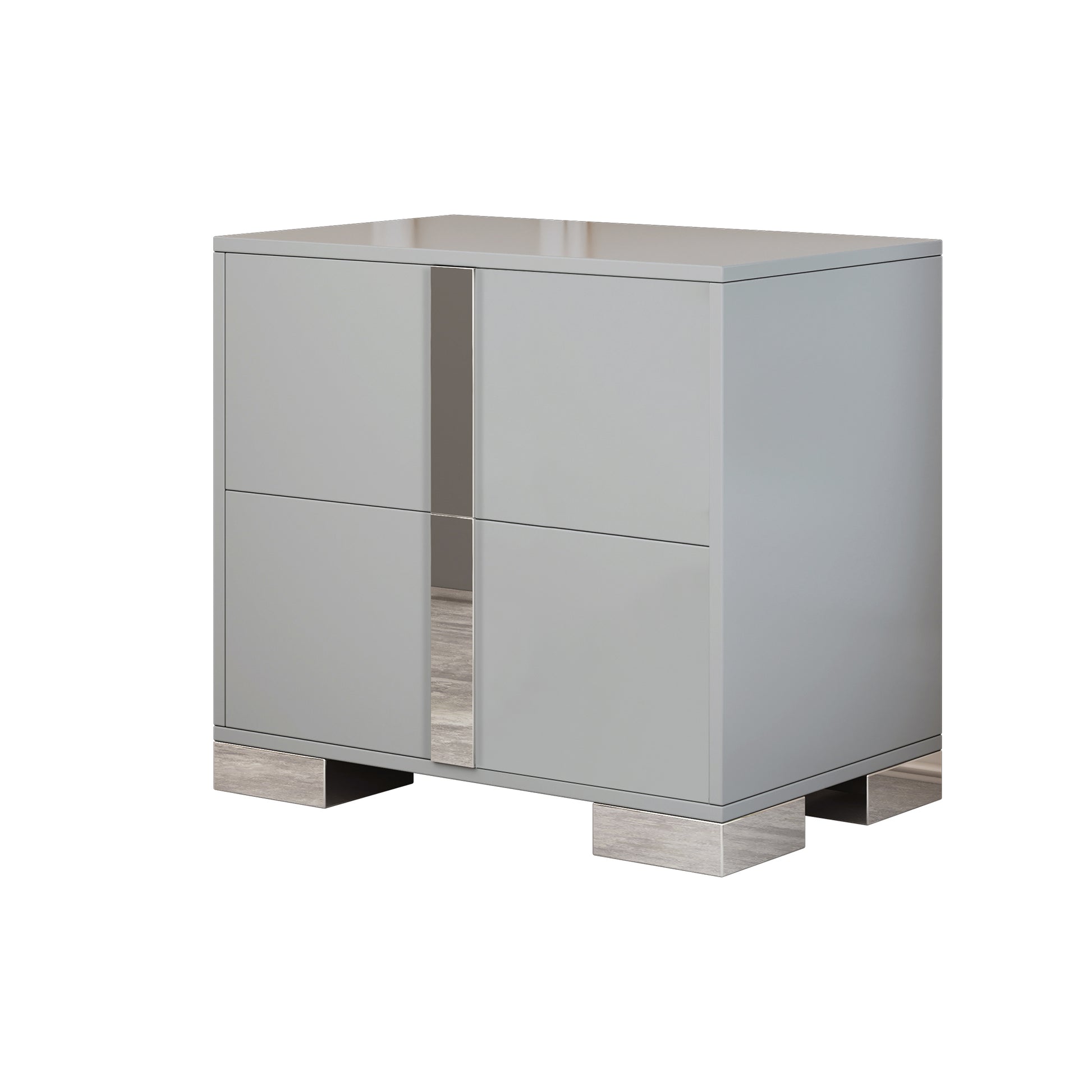 Elegant Nightstand With Metal Foot, Mirrored Bedside Table With 2 Drawers For Bedroom, Living Room, Gray