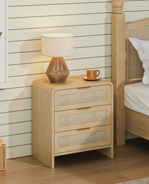 Rattan Nightstand 3 Drawers, 22.8  Wide Curved Wooden Bedside Table, Modern Storage For Bedroom, Natural Oak.