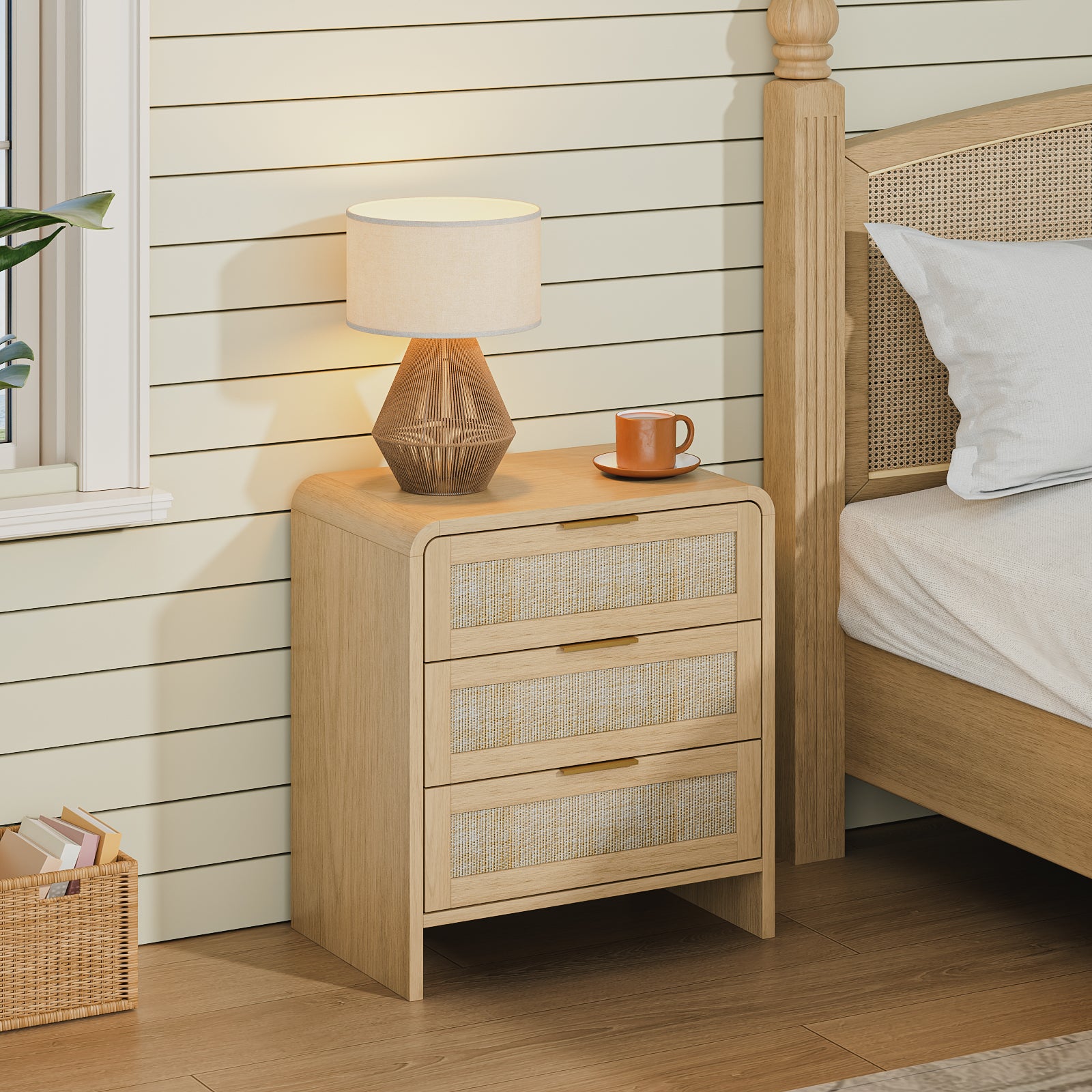 Rattan Nightstand 3 Drawers, 22.8  Wide Curved Wooden Bedside Table, Modern Storage For Bedroom, Natural Oak.