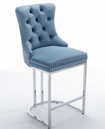 26  Counter Height Bar Stools Set Of 2, Modern Velvet Barstools With Button Back&Rivet Trim Upholstered Kitchen Island Chairs With Sturdy Chromed Metal Base Legs Farmhouse Bar Stools,Light Blue,2 Pack