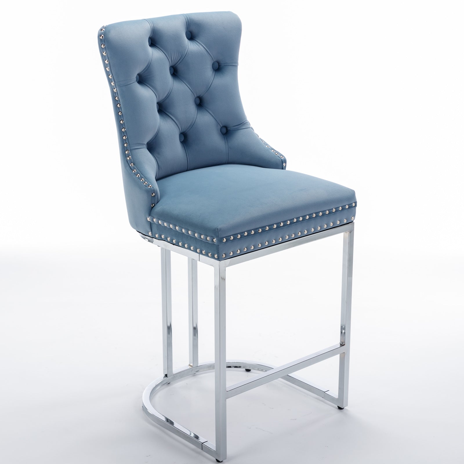 26  Counter Height Bar Stools Set Of 2, Modern Velvet Barstools With Button Back&Rivet Trim Upholstered Kitchen Island Chairs With Sturdy Chromed Metal Base Legs Farmhouse Bar Stools,Light Blue,2 Pack