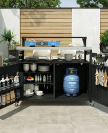 K&K 53.3  Outdoor Kitchen Island With Raised Shelf, Solid Wood Storage Cabinet With Stainless Steel Top, Outdoor Rolling Grill Cart With Internal Storage Rack, Adjustable Shelf, Spice Rack, Black