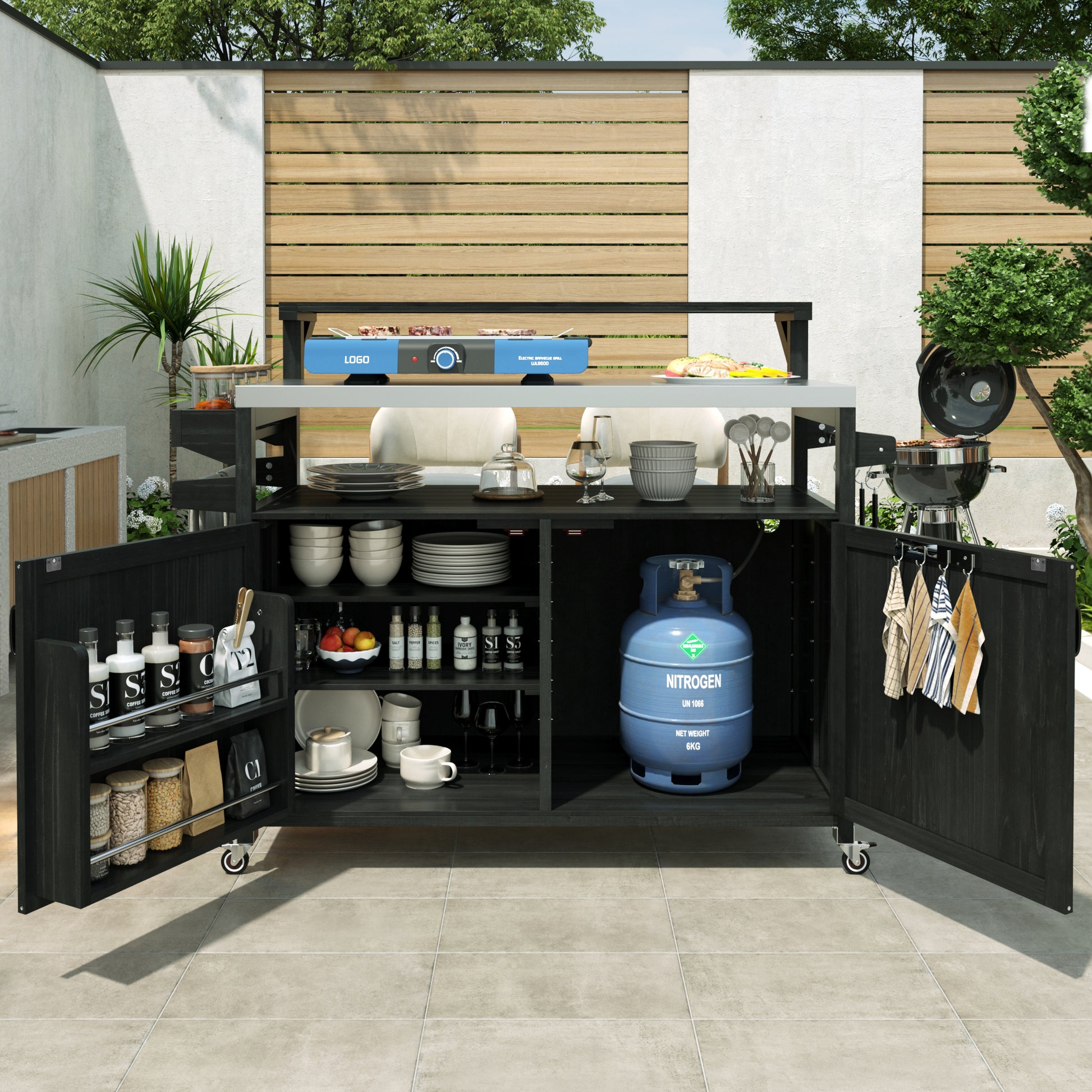 K&K 53.3  Outdoor Kitchen Island With Raised Shelf, Solid Wood Storage Cabinet With Stainless Steel Top, Outdoor Rolling Grill Cart With Internal Storage Rack, Adjustable Shelf, Spice Rack, Black
