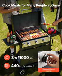 Gas Griddle, 3-Burner Flat Top Grill, Propane Griddle With Wheels, Lid, 3 X 11000 BTU Outdoor Flat Top Grills For Pan-Frying, Grilling, Stir-Frying, & BBQ, Pulse Ignition, Removable Top Design