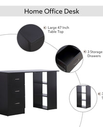 47" Home Office Computer Desk Bookcase Combo, Writing Table Workstation with 3 Drawer and Storage Shelf - Black