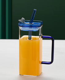 1 Pcs Blue Glass Straw Cup, 6 Colors Square Glass Cup With Straw And Lid, High Borosilicate Glass Cup, Milk Cup, Juice Cup, Cold Drink Cup, Coffee Cup, Tea Cup, Office Cup, Gift Cup