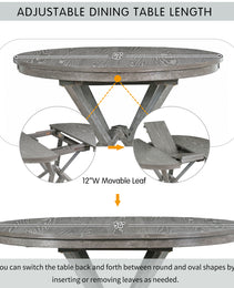 TREXM 5-Piece Retro Functional Dining Table Set Extendable Round Table And 4 Upholstered Chairs For Dining Room And Living Room Grey