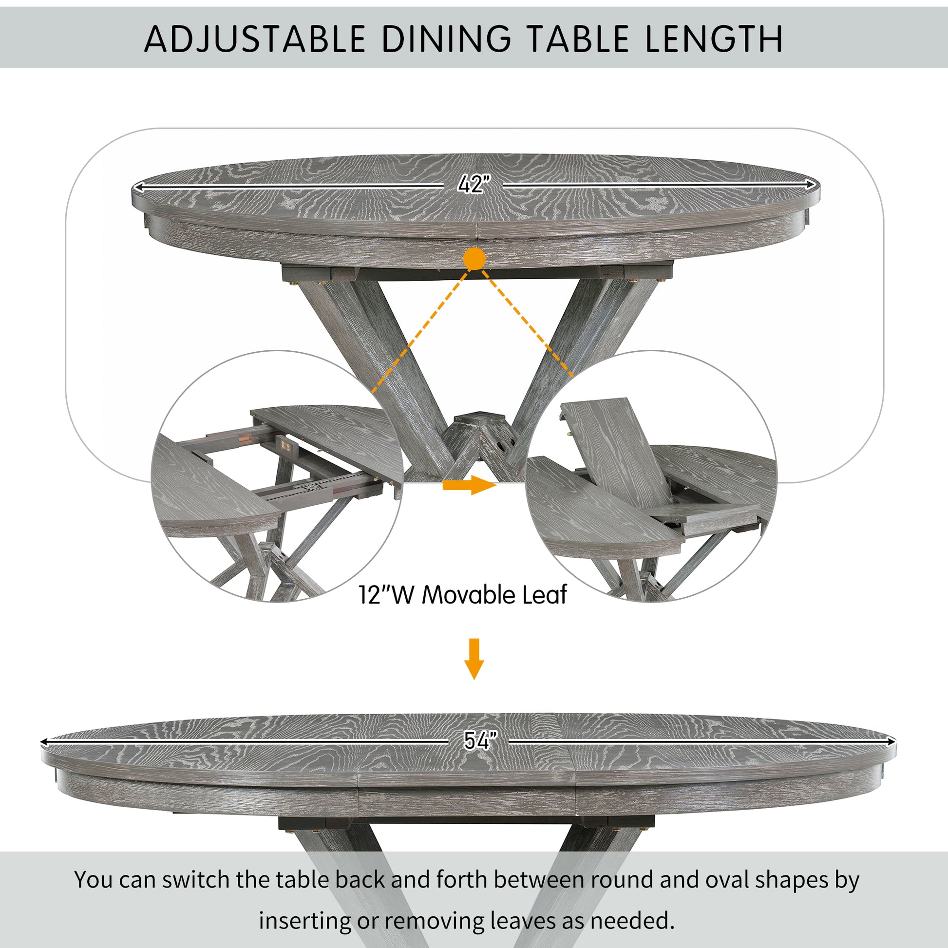 TREXM 5-Piece Retro Functional Dining Table Set Extendable Round Table And 4 Upholstered Chairs For Dining Room And Living Room Grey