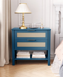 Rattan Nightstand With 2 Drawers And Storage Shelf Boho Bedside Narrow Side Table For Bedroom